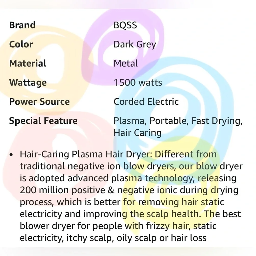 NEW! Plasma Hair Dryer (Positive+Negative Ionic) 1500W Dark Gray